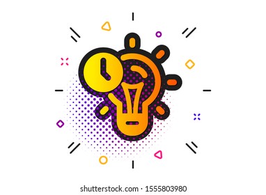 Idea lightbulb sign. Halftone circles pattern. Time management icon. Clock symbol. Classic flat time management icon. Vector