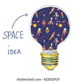 Idea lightbulb space illustration. Concept for the card, background or business, vector 