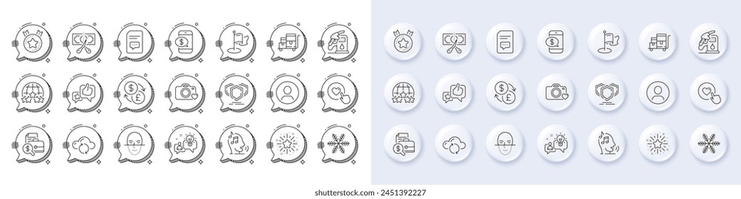 Idea, Like and Currency exchange line icons. White pin 3d buttons, chat bubbles icons. Pack of Inventory cart, Rating stars, Cloud sync icon. Phone payment, Snowflake, Headshot pictogram. Vector
