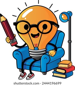 Die Idee ist wie eine Lampe, die eine Brille und einen Bleistift auf einem Stuhl trägt