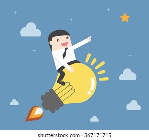 Eine Idee wie eine Rakete. Geschäftsmann auf Ideenreichtum. Flaches Design für Business-Finanzmarketing-Banking-Werbung Büro Menschen Eigenschaft in minimalen Konzept Cartoon Illustration.