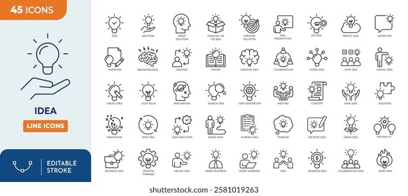 Idea line editable icon set. Containing Creative idea, brainstorming, solution, thinking, innovation and more. Vector illustration
