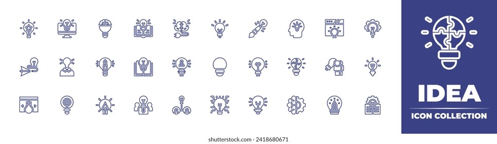 Colección de iconos de línea Idea. Trazo editable. Ilustración vectorial. Conteniendo solución, idea, cerebro, creativo, aplicación, innovación, conocimiento, libro, bombilla, equipo, mente.