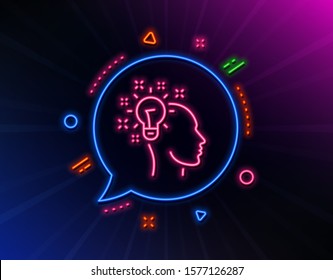 Idea line icon. Neon laser lights. Human head with light bulb sign. Inspiration symbol. Glow laser speech bubble. Neon lights chat bubble. Banner badge with idea icon. Vector