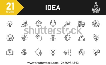 Idea line icon set. Set of 21 outline icons related to idea, thinking, solution, brainstorming, creative, innovation, idea light bulb and others. Editable stroke. Vector illustration.