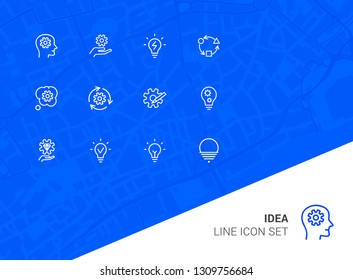 Idea line icon set. Bulb, gear, brain work. Processing concept. Can be used for topics like intelligence, business, startup
