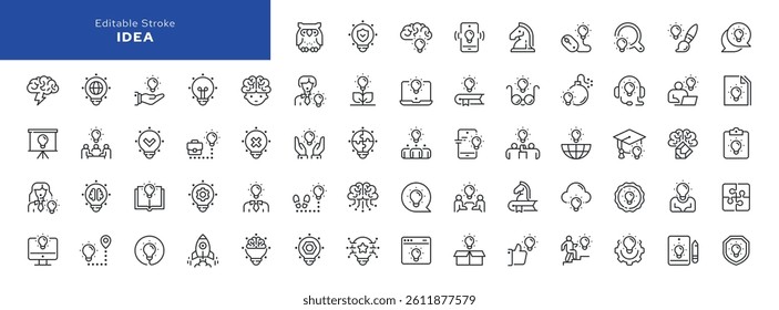  Idea line icon set. Business idea, creative idea, glowing light bulb and more. Outline vector icon in linear style. Pictogram collection	
