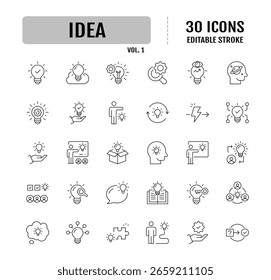 Idea line icon set. Containing Creative idea, brainstorming, solution, thinking and innovation. Editable stroke. Vector illustration