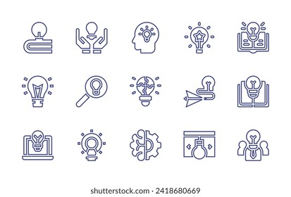 Idea line icon set. Editable stroke. Vector illustration. Containing solution, idea, brain, knowledge, search, book, light bulb, team.