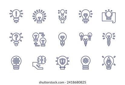 Juego de iconos de línea Idea. Trazo editable. Ilustración vectorial. Conteniendo ideas, soluciones, ideas, intercambio de ideas.