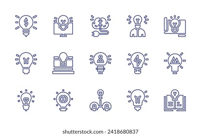 Juego de iconos de línea Idea. Trazo editable. Ilustración vectorial. Con bombilla, bombilla, idea, amor, mente.