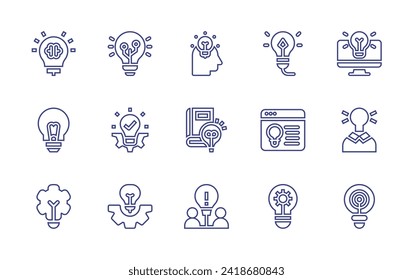 Juego de iconos de línea Idea. Trazo editable. Ilustración vectorial. Conteniendo idea, innovación, aplicación, lámpara, bombilla, idea creativa.