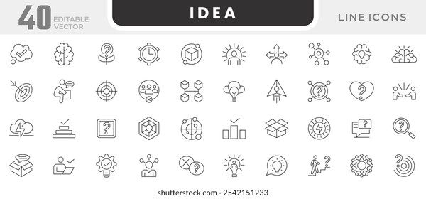 Idea line icon set. Research, thinking, solution,collaboration, mind, business, development, research, growth, management line icon set. UI thin line icon pack.
