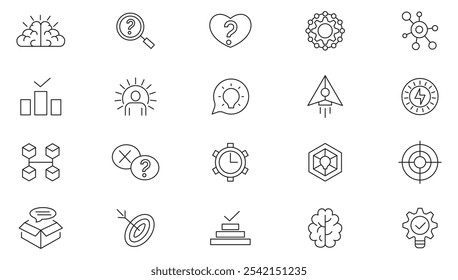 Idea line icon set. Research, thinking, solution,collaboration, mind, business, development, research, growth, management line icon set. UI thin line icon pack.