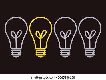 Idea lit bulb icon in front of off light bulbs.