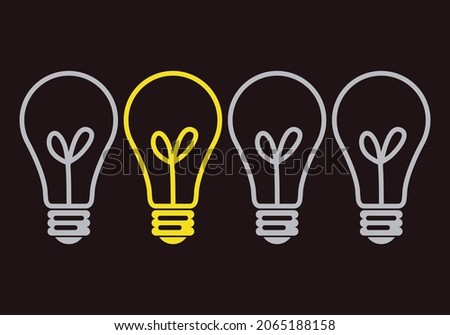 Idea lit bulb icon in front of off light bulbs.