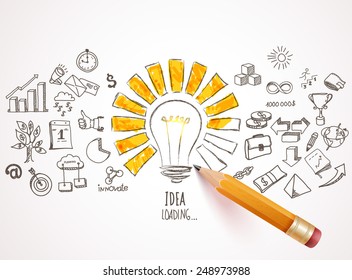 Idea loading. Business icons drawn in pencil. Vector background.