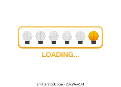 Idea loading concept with idea brain processed on a lightbulb bar. Vector stock illustration.