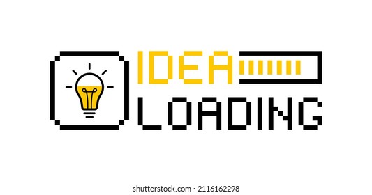 Idea loading concept with light bulb and loading bar. Big idea, innovation and creativity. Pixel style graphic design. Vector illustration.