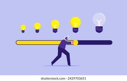 Idea loading concept with light bulb and loading bar, big idea, innovation and creativity, businessman pushing
idea loading bar