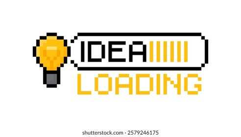 Idea loading concept with light bulb and loading bar in 8 bit pixel style. Big idea, innovation and creativity. Vector illustration