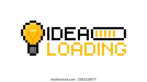 Idea loading concept with light bulb and loading bar in 8 bit pixel style. Big idea, innovation and creativity. Vector illustration