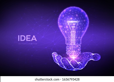 Idea. Low Polygonal Lamp In Hand. Lightbulb Low Poly Design With Connecting Dots. Idea With Geometry Triangle. Abstract Lamp Bulb. Internet Technology Icon Network Concept. Vector Illustration.