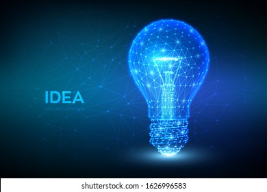 Idea. Low polygonal Lamp. Lightbulb low poly design with connecting dots. Idea with geometry triangle. Abstract lamp bulb mash line. Internet technology icon network concept. Vector illustration.