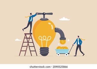 Idea to make money, earning or profit from business creativity, financial advise to gain more wealth or success rich investor concept, businessman open lightbulb idea faucet to earn money coins.