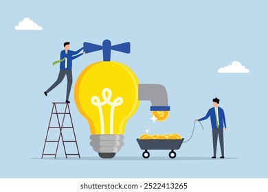 Idea to make money, Entrepreneur turns on the lightbulb of ideas to generate coins and make money.
