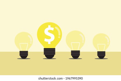 Idea to make money. Money making idea. Dollar symbol glow among other light bulb.  Vector, illustration.