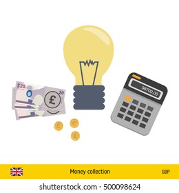 Idea makes money . British pound banknote. Business finance concept vector illustration.