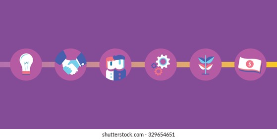 Idea makes money. Isolated flat icons on the violet. Progress