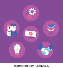 Idea makes money. Team work. Great projects. Icons isolated on violet. Flat design