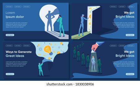 Idea Making Flat Landing Page Vector Templates. Enlightenment and Insight, New Look, Fresh View Metaphor. People Getting Innovative Solutions Faceless Characters. Idea Creation Homepage Layouts