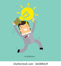 Idea man, businessman runs with glow light bulb. Concept of idea. Flat design