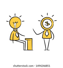 idea man and dollar man, idea and fund concept yellow stick figure 