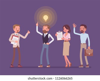 Idea management. Ideation creative process, man generating, developing, and communicating new bright plan for company. Vector flat style cartoon illustration. Business and marketing management concept