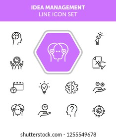 Idea management line icon set. Set of line icons on white background. Research concept. Idea, brain, person. Vector illustration can be used for topics like business, research, investment