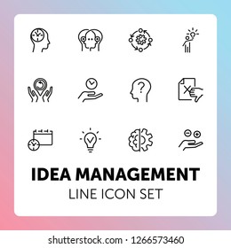 Idea management line icon set. Set of line icons on white background. Research concept. Idea, brain, person. Vector illustration can be used for topics like business, research, investment
