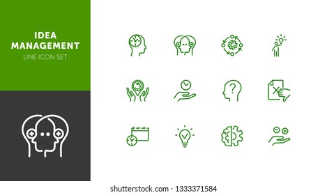 Idea management line icon set. Set of line icons on white background. Research concept. Idea, brain, person. Vector illustration can be used for topics like business, research, investment