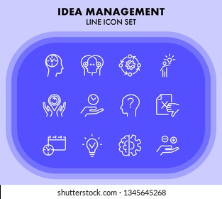 Idea management line icon set. Set of line icons on white background. Research concept. Idea, brain, person. Vector illustration can be used for topics like business, research, investment