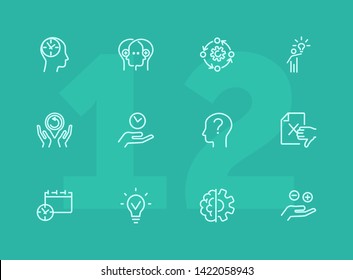 Idea management line icon set. Set of line icons on white background. Research concept. Idea, brain, person. Vector illustration can be used for topics like business, research, investment