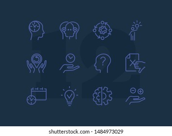 Idea management line icon set. Set of line icons on white background. Research concept. Idea, brain, person. Vector illustration can be used for topics like business, research, investment