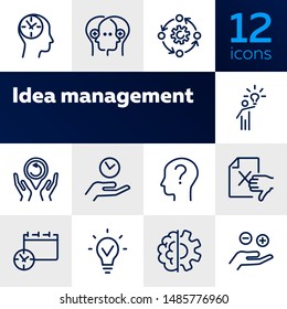 Conjunto de iconos de línea de gestión de ideas. Conjunto de iconos de línea sobre fondo blanco. Concepto de investigación. Idea, cerebro, persona. La Ilustración vectorial se puede utilizar para temas como negocios, investigación, inversión