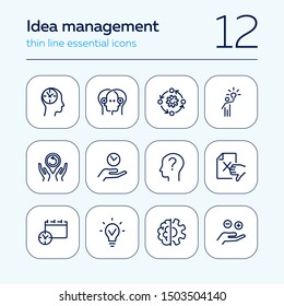 Idea management line icon set. Set of line icons on white background. Research concept. Idea, brain, person. Vector illustration can be used for topics like business, research, investment