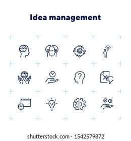 Idea management line icon set. Set of line icons on white background. Research concept. Idea, brain, person. Vector illustration can be used for topics like business, research, investment