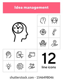 Idea management line icon set. Set of line icons on white background. Research concept. Idea, brain, person. Vector illustration can be used for topics like business, research, investment