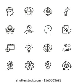 Juego de iconos de línea de administración de ideas. Conjunto de iconos de línea en fondo blanco. Concepto de investigación. Idea, cerebro, persona. La ilustración vectorial puede utilizarse para temas como negocios, investigación, inversión