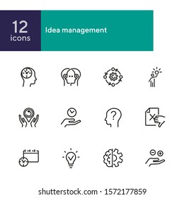 Idea management line icon set. Set of line icons on white background. Research concept. Idea, brain, person. Vector illustration can be used for topics like business, research, investment
